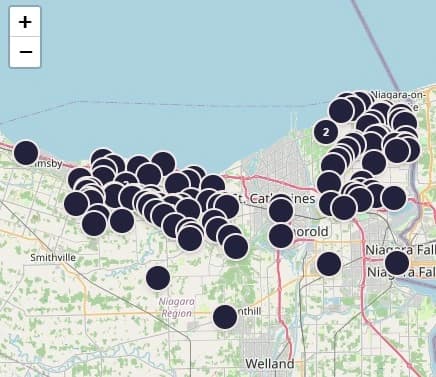 The Niagara Winery Weekly map, with every winery in the peninsula marked as a pin from Grimsby through St. Catharines to Niagara-on-the-Lake